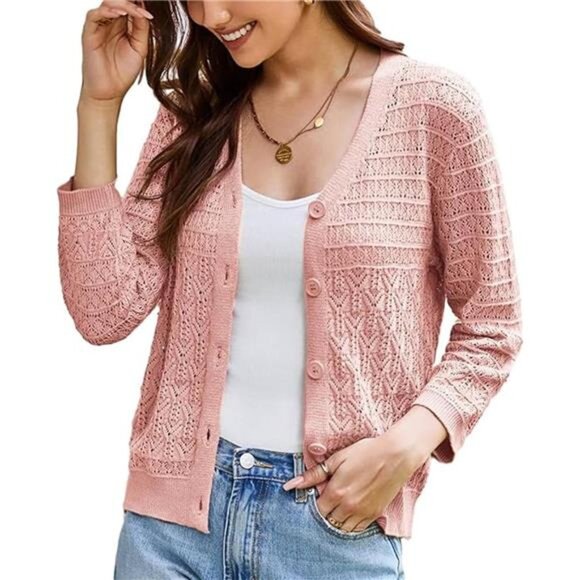 Women's 3/4 Sleeve Crochet Knit Button Down Cardigan Pink - Picture 1 of 6